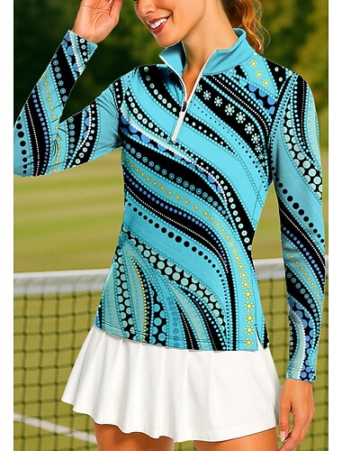  女性用 幾何学模様 ポロシャツ テニスシャツ テニスティー 長袖 プリント クォータージップ Pullover UVプロテクション 弾性ある 高通気性 バレーボール テニス ゴルフ スタンド ジップカラー シャツ Polo 青と白 ピンク レッド テニスウェア