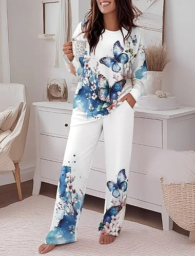  Per donna Moda Maglietta Set di Pantaloni Manica Lunga Girocollo Floreale Grafico Farfalla Stampato Casual Quotidiano Blu Primavera Vestibilità regolare