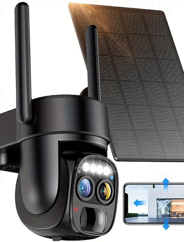  8-facher Zoom, 360-Grad-CCTV-Kamera mit geringem Stromverbrauch, Solarpanel-Akku, 2K-FHD-WLAN-Kamera mit Spotlight-Alarm, Bewegungserkennung, Farbnachtsicht, Zweiwege-Audio und IP66-Wasserdichtigkeit