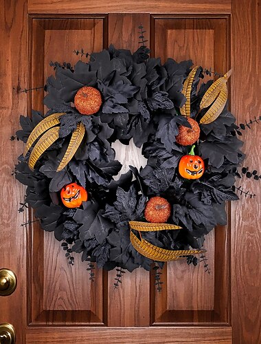  halloweeni koszorú bejárati ajtóra beltéri és kültéri dekorációhoz, fekete juharlevél és gallyfüzér műtökökkel, ijesztő indagyűrű partidekorációhoz