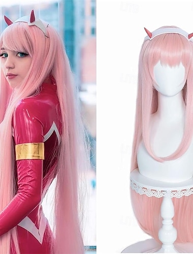  ゼロツー コスプレ 02 アニメ ピンク ウィッグ パステル 女性用 ロング ストレート ホットピンク アニメ コスプレウィッグ 角付き 39インチ