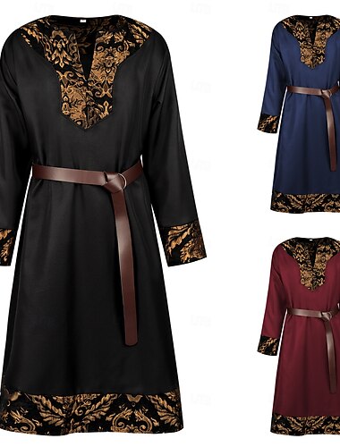  Rétro Vintage Rockabilly Chemise Tunique Guerrier Chevalier Viking Fleuri Jacquard Déguisement Homme Celtique Halloween Carnaval Performance Soirée LARP Adultes Manteau Ceinture
