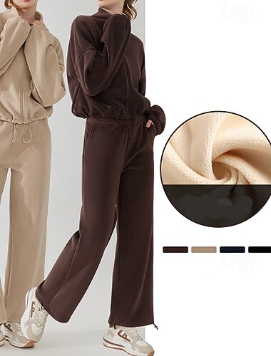  Naisten Urheilupuku Fleece-collegepuku Syksy Tasku Täysi vetoketju Yhtenäinen väri Liikunta-asut Musta Khaki Ulkoilu Juoksu Jooga Korka vyötärö Tuulenkestävä Kevyt Lämmin Pitkähihainen Urheilu
