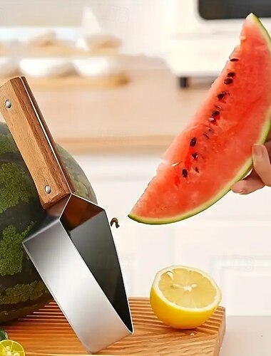  חותך מלון נירוסטה עם להבים משולשים, חותך פירות עם ידית עץ ארגונומית, כלי מטבח עמיד ובטוח לאבטיח, מלון ועוד