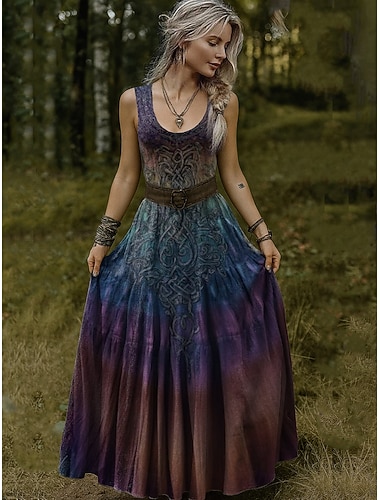  Damen Midi Kleid Boho Vintage Wikinger Keltischer Knoten Verlauf Kunst Kleid Faltenrock Kleid Urlaub Lässig Standard Fit Grafik Abstrakt Ärmellos V-Ausschnitt U-Ausschnitt Fuchsia Orange Amethyst
