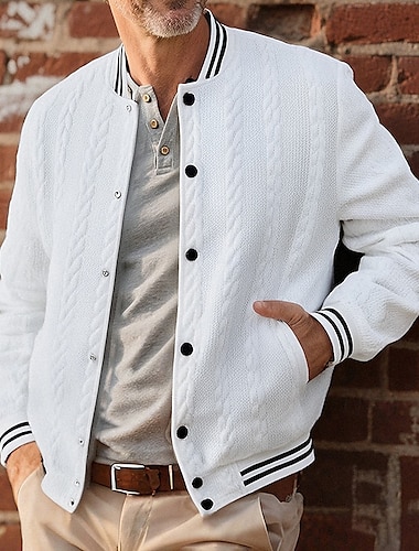  Ανδρικά Ελαφρύ μπουφάν Casual Jacket Μπουφάν Varsity Διακοπές Καθημερινά Αναπνέει Τσέπη Ζακάρ Άνοιξη Φθινόπωρο Ριγέ Μοντέρνα Κλασσικό Όρθιος Γιακάς Κανονικό Λευκό Βαθυγάλαζο Καφέ Χακί Γκρίζο Σακάκια