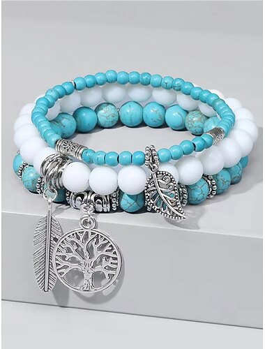  Ensemble de bracelets bohèmes en perles turquoise pour femmes - pendentif arbre de vie et plume, coupe élastique, perles en pierre naturelle, convient aux tenues décontractées, aux vacances et aux cadeaux