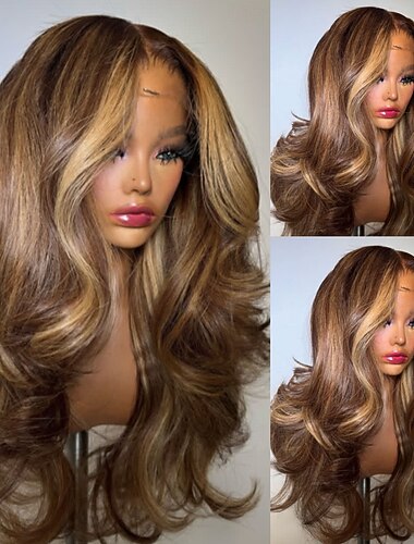  Perruque Cheveux Naturel Rémy 5x5 Fermeture dentelle frontale 13x4 Cheveux Brésiliens Ondulé Marron Raie au milieu Femmes Densité 150% 180% we say baby hair Cheveux Ombrés Cheveux Mèches / Balayage