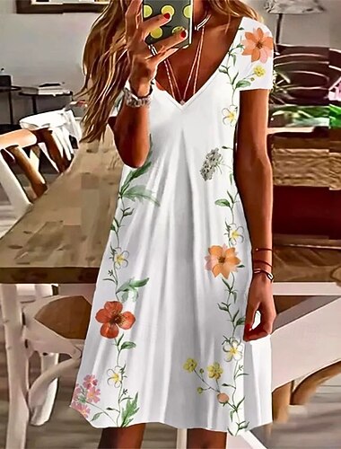  Жен. Мини-платье Повседневное платье Летнее платье Мода Современное Повседневные Пляж выходные Стандартный Цветы С короткими рукавами V-образный вырез Белый Весна Осень