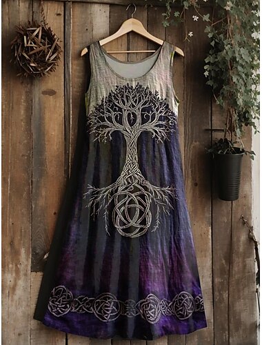  Vestido midi vintage con degradado de nudo celta vikingo para mujer, estilo veraniego, corte A, informal, estilo bohemio, para vacaciones, bodas, fiestas, salidas, corte regular, estampado floral,