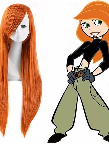  Κιμ Πιθανό anime cosplay μακριά μαλλιά πλαϊνές αφέλειες περούκα πορτοκαλί ευέλικτο headpiece