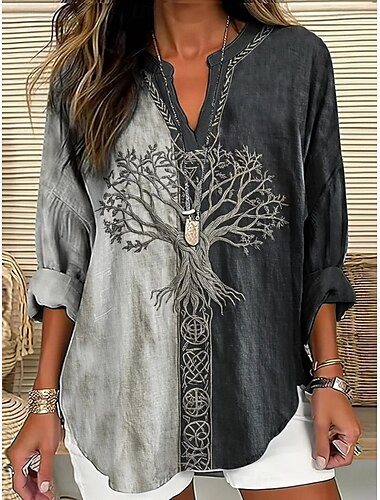  Per donna Camicia Albero Quotidiano Casual Manica Lunga Scollo a V Top Regolari Quotidiano Ferie Bottoni Stampato Grigio Primavera Autunno