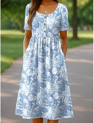  Per donna Abito Midi Abito a Maglia Vestito Casual Vestito Estivo Abito a trapezio Vacanza Casual Spiaggia Ferie Vestibilità regolare Floreale Grafico Manica Corta Girocollo Bianco Giallo Rosa Blu