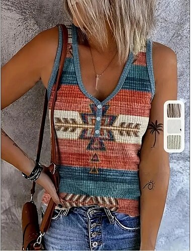  Mulheres Camisola Regata Gráfico Geométrica Abstrato Boêmia Vintage à moda Sem Manga Decote V Tops regulares Diário Imprimir Branco Amarelo Vermelho Azul Laranja Verão Primavera
