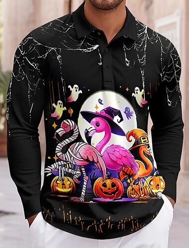  Halloween Ανδρικά Κολοκύθα Φάντασμα Πόλο Μακρυμάνικο Μπλουζάκια πόλο Πέτο Καθημερινό Φρίκης Σκούρο ΕΞΩΤΕΡΙΚΟΥ ΧΩΡΟΥ Καθημερινά Ρούχα Φεστιβάλ στολή 3D εκτύπωση Κουμπιά Άνοιξη Φθινόπωρο Χειμώνας Μαύρο