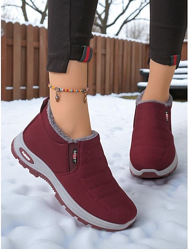  Women's Burgundy Waterproof Fleece-Lined Winter Boots – Warm Slip-On Snow Shoes with Anti-Slip Sole for Cold Weather, Outdoor Walking & Casual Daily Wear