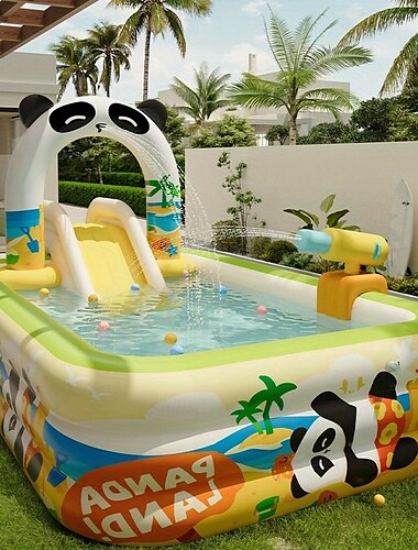  Panda uppblåsbar pool för vuxna - 3-lagers rektangulär utomhuskylare med rutschkana och inbyggda säten &palmträdsdesign, bärbar elfri bakgårdspool för fester och högtider