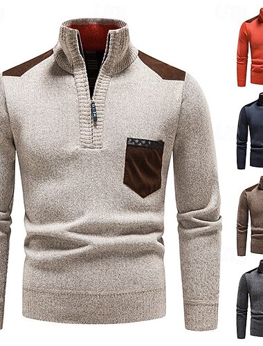  Homme Pull Pull à quart de zip Côtelé Tricoter Hauts Réguliers Tricoté Coupe ajustée Uni Col roulé Tricots Contemporain Occasionnel Tenue quotidienne Vêtement Tenue Automne Hiver Bleu Orange M L XL