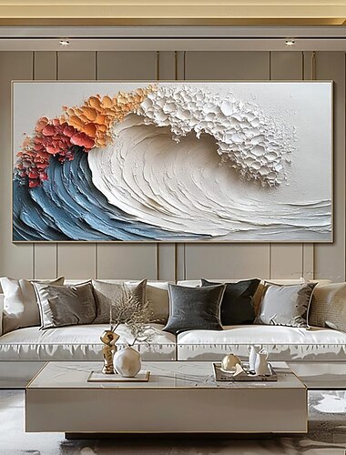  手作りの油絵、手描きの水平抽象、厚い油の質感の波の風景、モダンなリビングルームの家の装飾、ロールキャンバス（フレームなし）