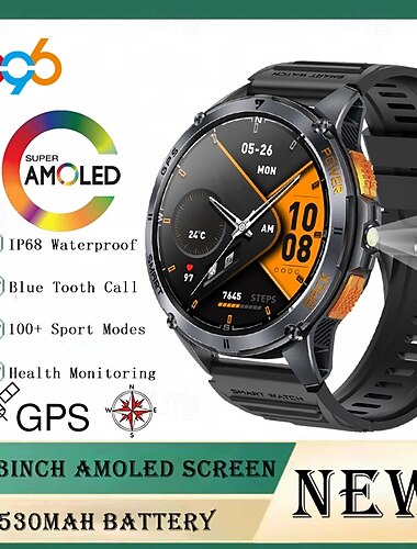  男性用新型ミリタリースマートウォッチ、LED懐中電灯、コンパス、1.43インチAMOLEDディスプレイモード搭載、iOS/Android対応の頑丈なスマートウォッチ