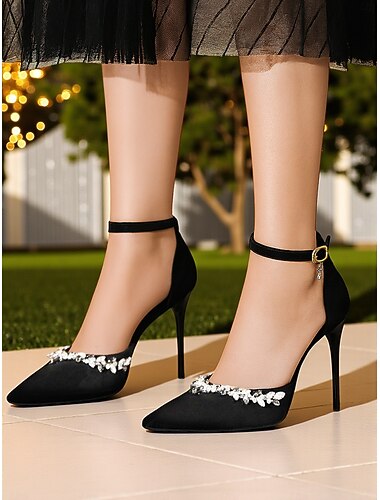  Escarpins à talons aiguilles en satin noir pour femmes, bout pointu, avec ornements en cristal et bride à la cheville - chaussures de soirée élégantes pour cocktails et soirées