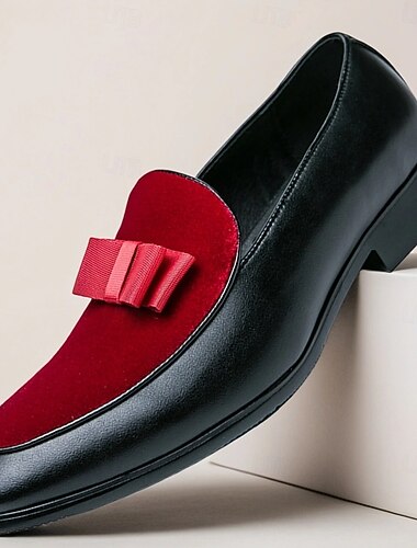  נעלי לואפרס קטיפה אדומות לגברים עם קשת - נעלי מסיבה אלגנטיות לחתונות, ארוחות ערב וערבי נשף