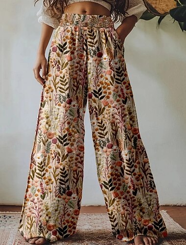  Femmes Jambe large Pantalons Pantalon palazzo ancien Boho Longueur complète Taille haute Fleur Taille Élastique Impression Respirabilité Confortable Rue Tenue quotidienne Sortir Marron Printemps