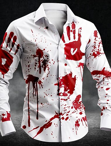  Halloween Pánské Otisk prstu Krevní skvrny Halloweenské kostýmy Košile Košile na knoflíky Dlouhý rukáv Temný punk gotický Dovolená Streetwear Léto Jaro Přehnutý 3D tisk košile s límečkem Bílá