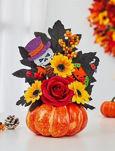  Halloween őszi asztali dísz műtökkel, juharlevelekkel és LED-lámpával az őszi aratófesztiválra, hátborzongató halloweeni jelenet dekoráció őszi otthonra és partira