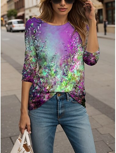  Dames T-shirt Bloemig Grafisch Abstract Vintage Stijlvol Klassiek Lange mouw Strakke ronde hals Ronde hals Normale tops Dagelijks Weekend Afdrukken Geel Rood blauw Paars Groen Lente Herfst
