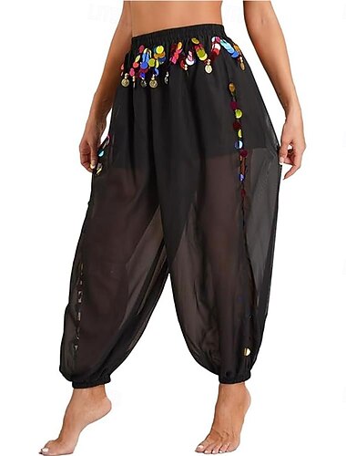  Bauchtanzhose für Damen, elastisch, mit Münzlaterne, seitlich geschlitzt, mit Pailletten, glänzend, Haremshose, arabisch, indisch, Performance-Hose