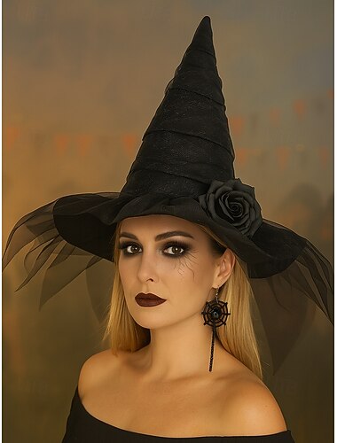 Γυναικείο καπέλο μάγισσας για το Halloween με τριαντάφυλλο και πέπλο από πλέγμα – γοτθικό μυτερό καπέλο για πάρτι με μεταμφιέσεις, cosplay και θεματικές εκδηλώσεις