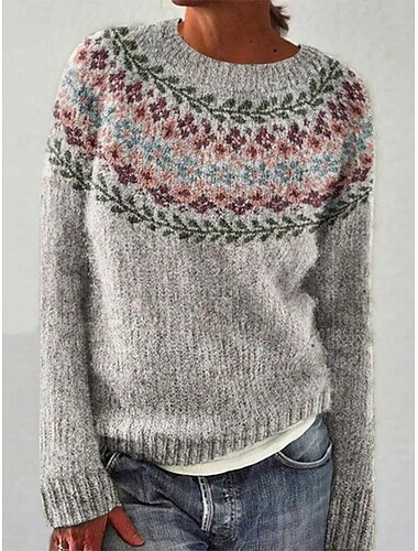  Per donna Felpa Casual Morbido Geometrico A Coste Girocollo Lavorato a maglia Stampato Manica Lunga Top Regolari Maglia All'aperto Quotidiano Weekend Verde Grigio scuro Autunno Inverno