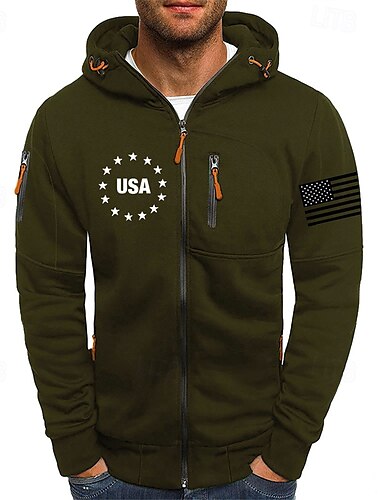  Men's Hoodie Full Zip Hoodie Wine Army Green Blue Green Khaki Hooded National Flag Sports & Outdoor Daily Holiday Polyester Streetwear Basic Casual Spring Autumn / Fall Clothing Apparel Hoodies