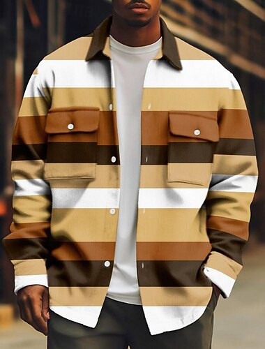  Voor heren Horizontale stroken Corduroyshirt shacket Overhemdjasje Lange mouw Casual Buiten Dagelijks gebruik Herfst Winter Strijkijzer Button-omlaag Warm Jas met klepzakken Lichtgroen Blozend Roze