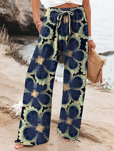  Dames Breed Been Broeken Palazzo-broek Modieus Streetwear Volledige lengte Hoge taille Bloem Elastische taille Trekkoord Afdrukken Ademend Comfortabel Straat Alledaagse kleding Uitgaan Marineblauw