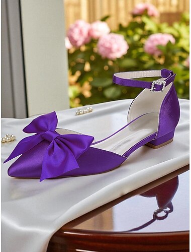  Scarpe basse da donna con fiocco in raso viola e punta affilata, eleganti scarpe da sposa con cinturino alla caviglia per damigelle o ospiti, calzature da cerimonia formali