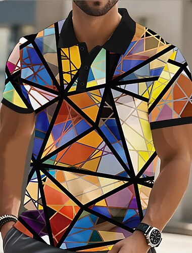  Hombre Diseño Geométrico Polo Manga Corta Camisas de polo Camisas con cuello Casual Ropa Deportiva Ropa de Exterior Ropa Cotidiana Impresión 3D Botones Verano Amarillo Azul Piscina Verde Trébol