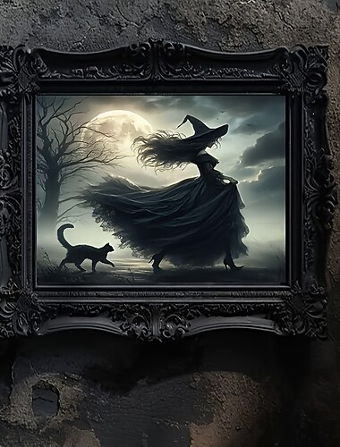  Strega e il suo gatto nero che camminano - poster gotico di Halloween su tela senza cornice, decorazione da parete vintage estetica dark per la casa