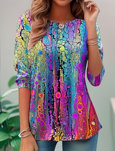  T-shirt femme à manches longues col rond tunique décontractée imprimé réguliers tops quotidiens arc-en-ciel printemps automne préautomne