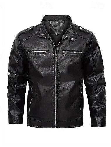  Herren Kunstlederjacke Bikerjacke Motorradjacke Urlaub Täglich Winddicht Warm Tasche Herbst Winter Einfach Mode Klassisch Stehkragen Regulär Schwarz Jacken