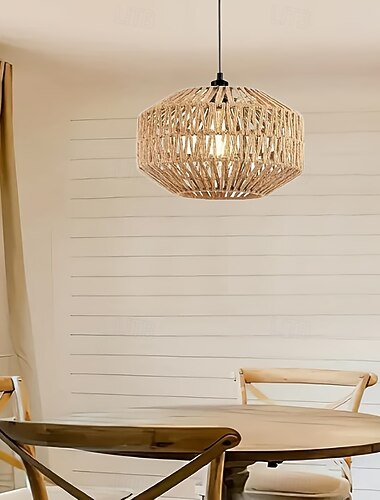  Lampada a sospensione in corda intrecciata fatta a mano in stile cinese, design vintage country, altezza 16 cm, luce bianca calda/bianca, E26/E27, catena regolabile