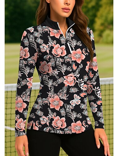  Dam Växter Blommig Tropisk Blommig Botanisk Toppar Vandringspolotröja Tennisskjorta Långärmad Mönster Fjärdedels blixtlås Pullover UV-skydd Elastisk Andningsfunktion Tennis Golf Pickleball Hög krage