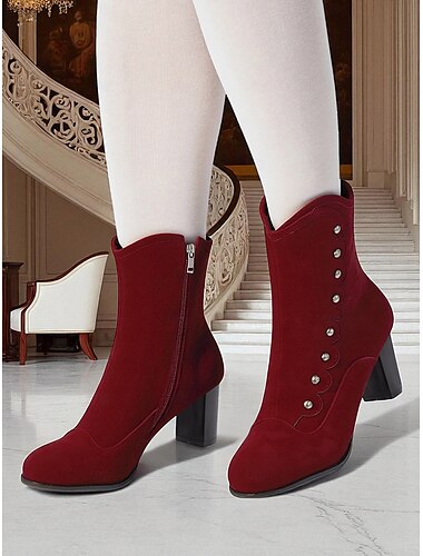 Bottines en velours rouge pour femmes d'inspiration victorienne des années 1900 avec détails à boutons - design festonné rétro et talon bloc épais pour les sorties décontractées, les fêtes et les