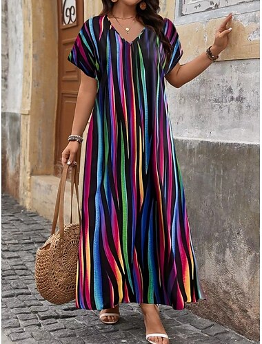  Per donna Abito maxi Abito a trapezio Casual All'aperto Spiaggia Vestibilità comoda A righe Manica Corta Scollo a V Rosa Rosso Blu Viola Estate Primavera