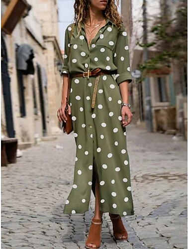 Mujer Vestido maxi Vestido de cambio Vacaciones Casual Diario Ajuste regular A Lunares Manga Larga Cuello Camisero Ejercito verde Negro Rojo Azul Piscina Verano Primavera