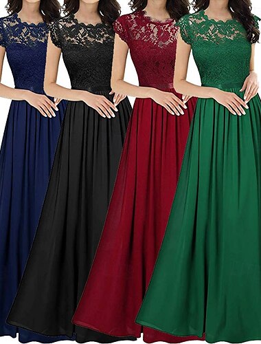  Per donna Abito Lungo Maxi Abito Abito in Pizzo Abito da Cocktail Abito da invitata a nozze Chiffon Elegante Moda Moderno All'aperto Cocktail party Vestibilità regolare Semplice Manica Corta Girocollo