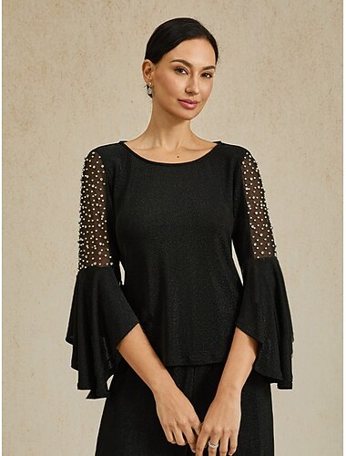  Per donna Top Eleganti Elegante Quotidiano Signore Manica 3/4 Manica a Volant Scollo a Barca Top Regolari Ospite di nozze Lavoro Quotidiano Volant Glitter Traforato Nero Primavera Autunno Inverno