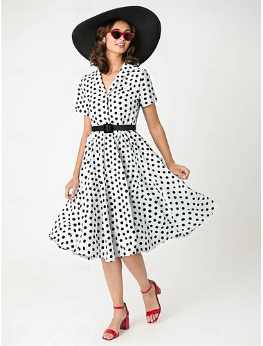  Retro Vintage 1950er Rockabilly Knielang Swing-Kleid Ausgestelltes Kleid Hemdkleid Mit Gürtel Tupfen Kostüm Damen Karneval Maskerade Urlaub Party / Abend Alltagskleidung Erwachsene Kleid Frühling