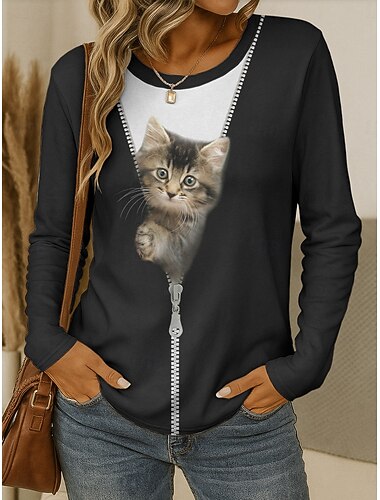  Women's T shirt Crew Neck Long Sleeve Tunic Graphic Animal Cat Vintage Stylish Classic  Round Neck Regular Tops Daily Weekend Print Black and White Black White Yellow Pink Spring Fall